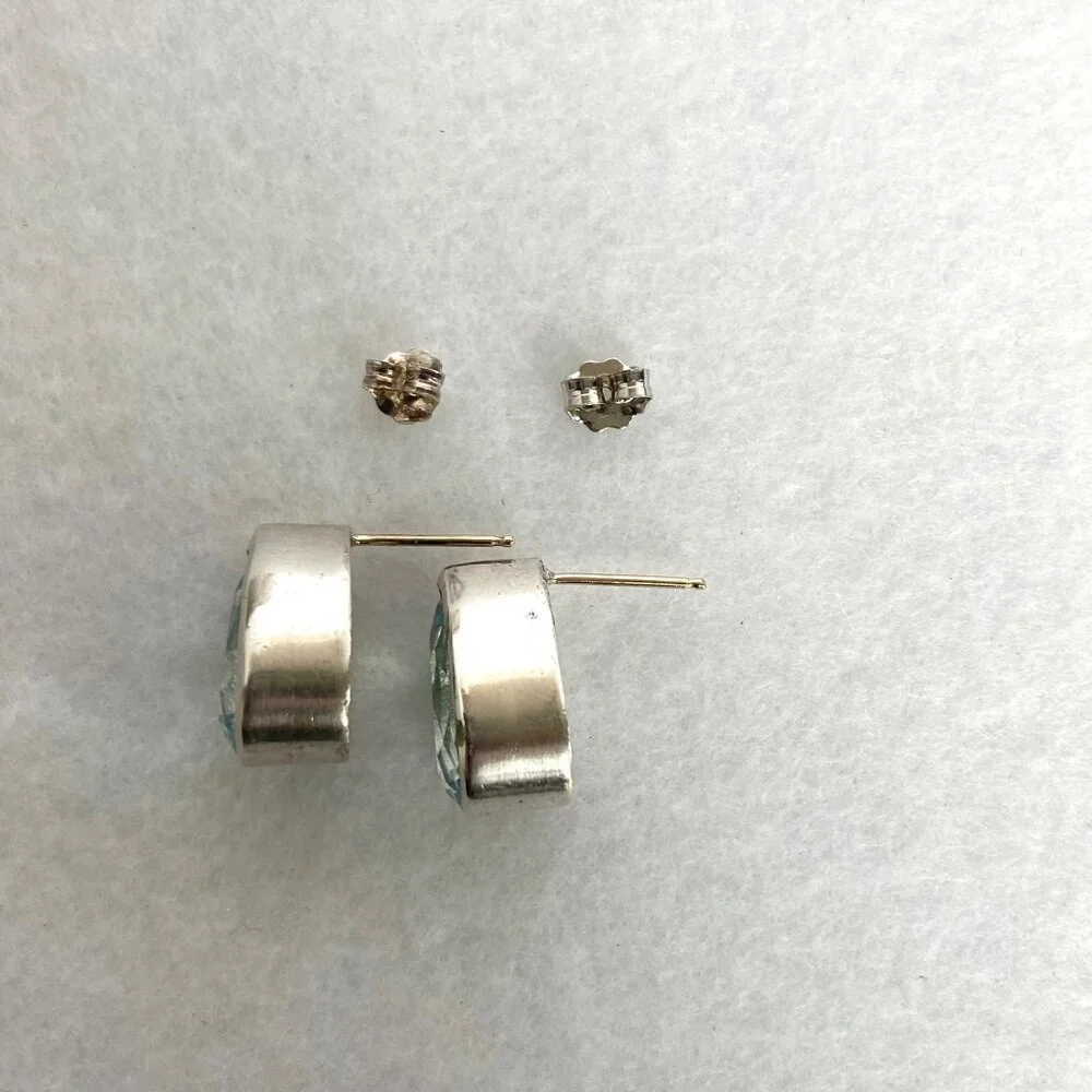 Sterling Silver 925 14K Gold Pear Shaped Chunky Blue Topaz Stud Earrings